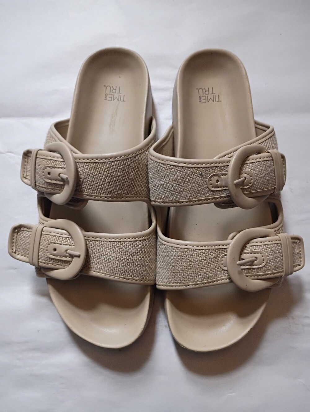 Time and Tru Women's Cream Double-Buckle Woven Slide Sandals
